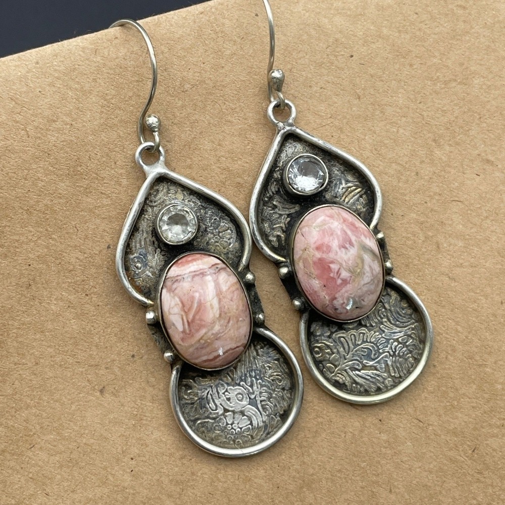 Artisan Sterling Silver Rhodochrosite Ethnic Dangle Earrings Pink Stone